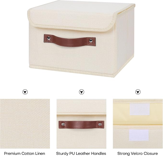 ANMINY Fabric Storage Box Bins with Lids, Beige, 10"x8"x7", 4 Pack | Keepsake Memory Storage, Cotton Linen, PP Board Reinforced, Washable, PU Handles, Foldable & Stackable, Decorative, Small - Image 3
