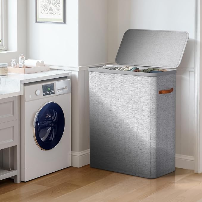Sorbus Laundry Hamper with Lid - Collapsible 3-Compartment Fabric Laundry Basket with Handles and Removable Laundry Bag – 50 Gallon (190 L) Dirty Clothes Hamper for Bedroom, bathroom and dorm (Gray) - Image 3