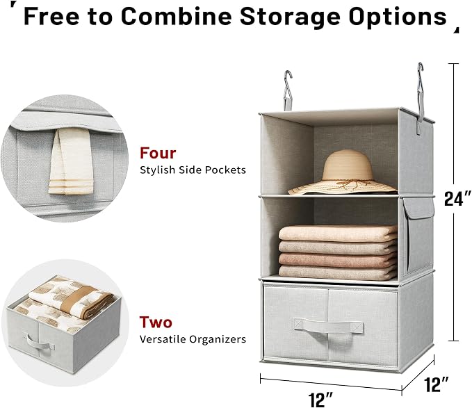 2 Pack 3-Shelf Hanging Closet Organizer with 2 Drawers, Silver Gray | Two Hanging Organizers with Fabric Drawers, Space-Saving Closet Storage for Clothes, Baby Items, Nursery and Dorm Rooms - Image 3