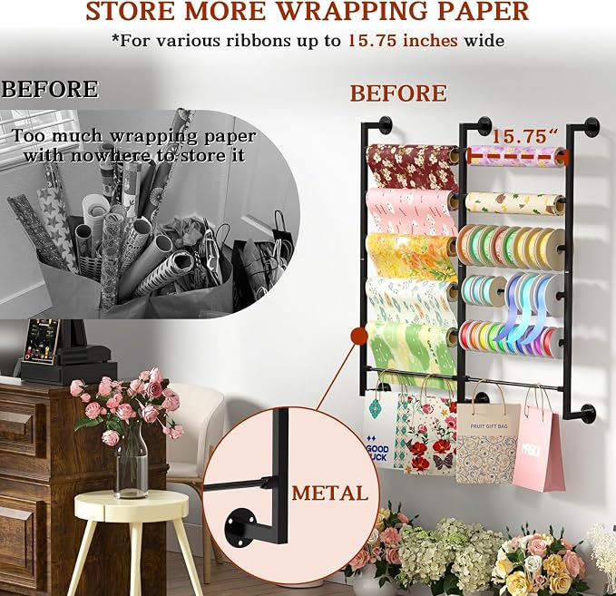 Double 6-Tier Ribbon Storage Organizer, Wall Mounted Ribbon Organizer | 12 Removable Rods, Large Capacity Gift Bag Ribbon Holder for Craft Room, Flower Shop, DIY Supplies, Wrapping Paper- Metal - Image 3