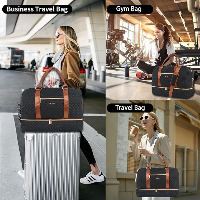3PCS Weekender Bags for Women Large Overnight Bag, Black | Weekender Travel Duffel Bags Carry on Shoulder with Shoe Compartment Toiletry Bag Satchel Bag for Travelling Business Gym - Image 5