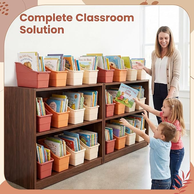 Blosssound 24 Set Book Bins for Classroom Stackable,Earth Tones | Plastic Baskets with Labels, Slanted Front, Library Supplies Organizers, Desktop Storage Bins, Teachers Home School Use - Image 6