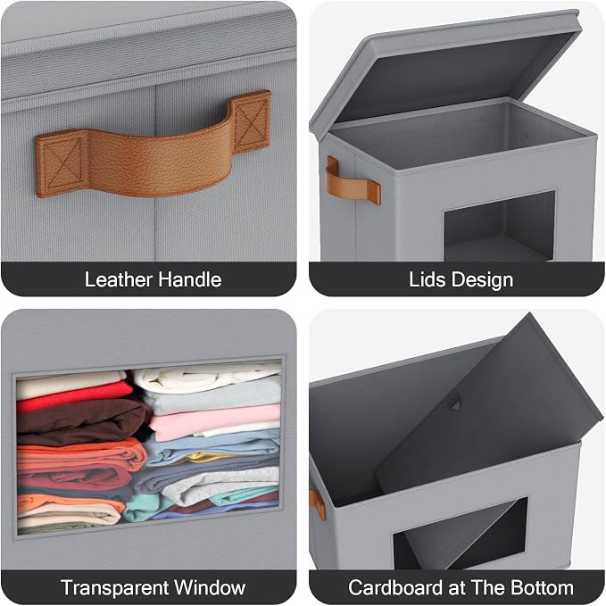 Univivi Fabric Storage Bins with Lids for Clothes 3 Pack, Grey | 17 x 12 x 12 In Foldable Storage Boxes with Handles, Clear Window, Closet Organizers for Home, Bedroom - Image 3