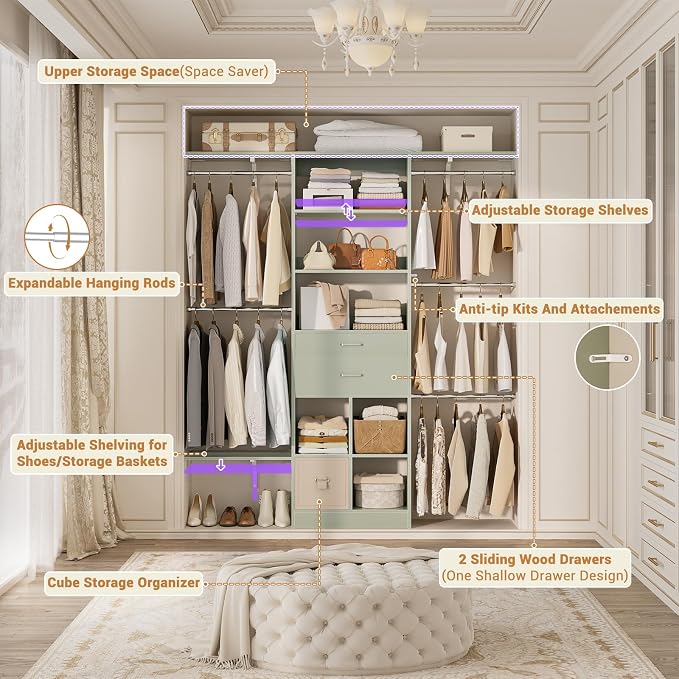 5FT Small Closet System, Baby Closet Organizer System with Wooden Drawers, 60 Inches Walk in Closet System with 5 Hanging Rods and 3 Reversible Hanging Shelving, Crab Green - Image 2