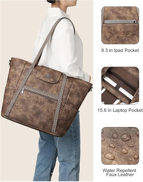 Large Laptop Tote Bag for Women Designer Leather Laptop Bag, 15.6in | Fashion Travel Backpack Purse Shoulder Handbag Fits 15.6 Laptop, Daily, Work, Business Trip, Weekend Travel, Teacher - Image 5