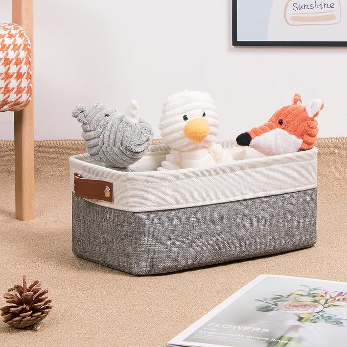 DULLEMELO Small Storage Baskets 6 Pack, Fabric Collapsible Gift Storage Baskets for Shelves, Closets, Nursery, Home, Office Organizing,Small Canvas Linen Rectangular Storage Bins (6-Pack, White&Grey) - Image 2