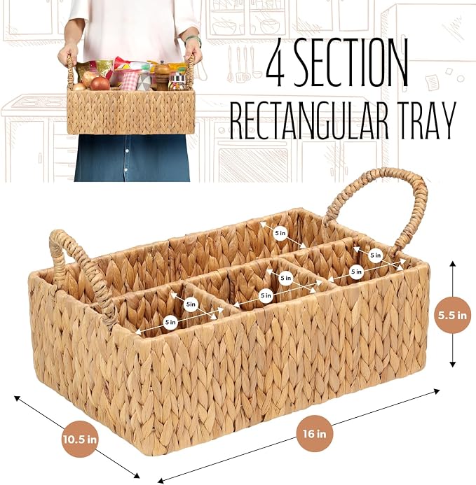 Divided Baskets with Handles, Storage Basket Natural for Organizing Bathroom Kitchen Shelves Office Supplies Organization, Wicker Storage Baskets 4 Section (1, Light Brown) - Image 2