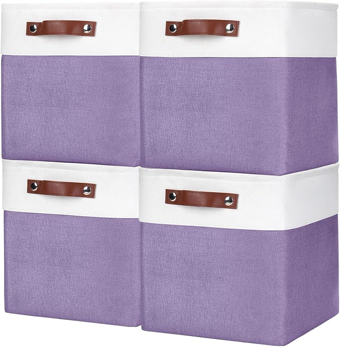 Collapsible Fabric Storage Cubes 11x11 Cube Storage Bins, 4 Pack Closet Baskets Box with Handles for Organizing, Shelf, Toys, Clothes, Home, Office, Nursery (Purple&White) by Bagnizer