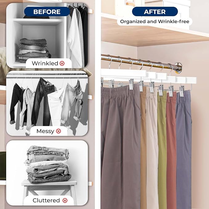 SereneLife Premium Wooden Pants Hangers 20 Pack, Solid 14" Wood Skirt Hangers with 2-Adjustable Clips, Heavy Duty & Anti Slip Wood Bottom Hanger for Slacks, Jeans, Trousers, Shorts (White) - Image 5