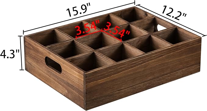 Rustic Wooden Crates for Storage 16 X 12 Inches, Carrying Handles | 12 Individual Slots, Farmhouse Wood Crates for Display, Wood Box, Handmade Wooden Basket for Kitchen Bathroom Tabletop - Image 2