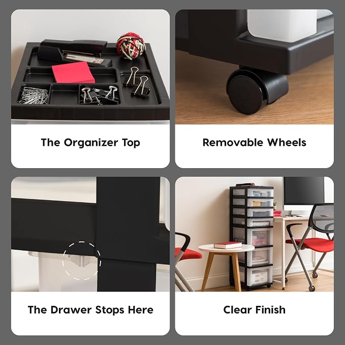 IRIS USA 7-Drawer Rolling Storage Cart, Black/Clear | Keep classroom supplies, teacher essentials, craft materials, and learning tools organized with easy-access drawers. - Image 8