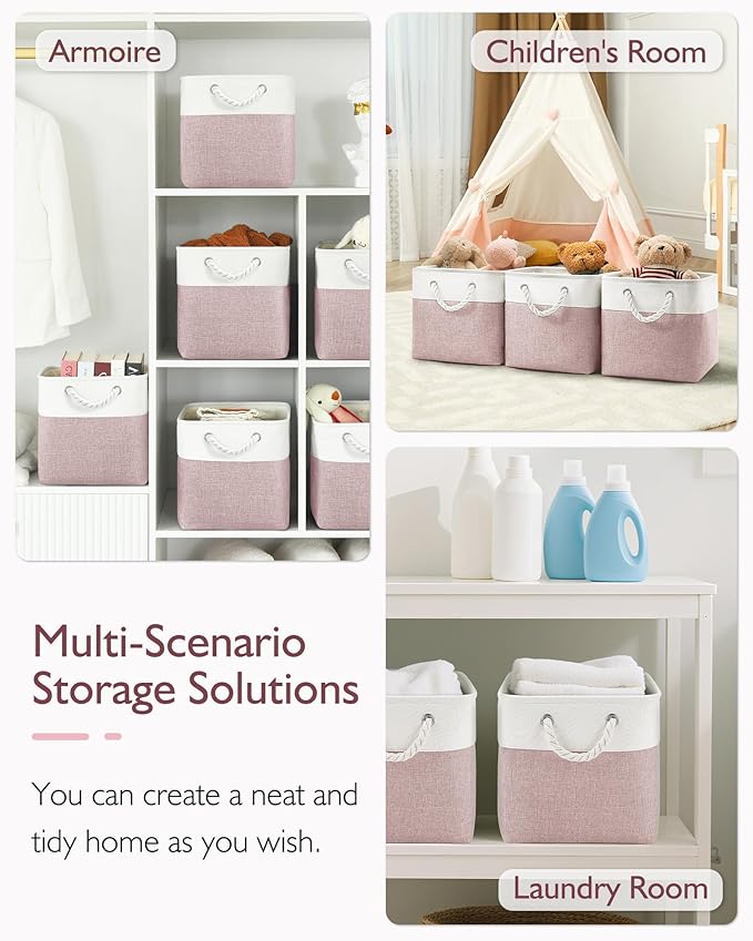 Patvingot 11-Inch Fabric Cube Storage Bins with Handles,6 Pack,Foldable | For cube shelves and closets,keeps grouped for everyday access,reinforced opening and fold-flat storage,white and pink - Image 5