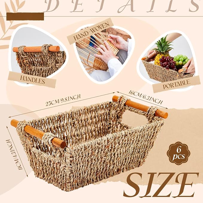 Marsui 6 Pcs Small Hand Woven Wicker Baskets with Wooden Handles, Seagrass Rattan Storage Baskets Bin Organizer Shelf Pantry for Bathroom Storage Towel Kitchen Washroom Gifts Decor, 9" x 6" x 4" - Image 2