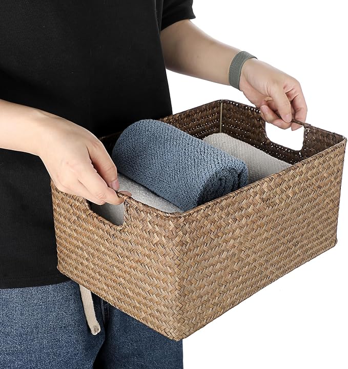 Hipiwe Wicker Storage Baskets Bin for Shelf Rectangular Seagrass Basket | Handwoven Opened Baskets Bin with Handle, Decorative Basket Box for Closet Bedroom Organizer - Image 4