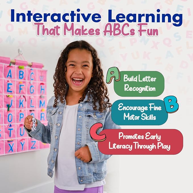 Pink ABC Felt Wall Hanging Chart - Early Education Alphabet Fabric Wall Décor for Children's Room | Engaging Educational Learning Art for Kids with Fabric Objects in Pocket - Image 4