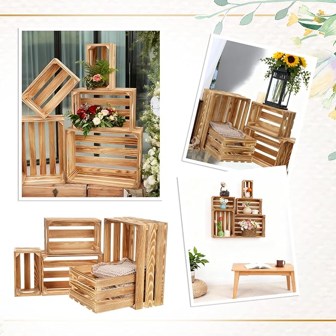 5 Pcs Decorative Nesting Wooden Crates for Storage Display Rustic, Large Torched Wood Storage Crates, Large Farmhouse Wooden Basket with Handle for Storages Container and Decorations, 5 Size - Image 7