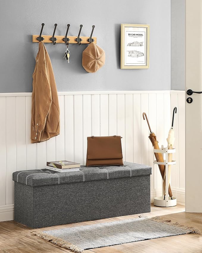 SONGMICS Mazie Collection - 43 Inches Ottoman Storage Bench, 35 Gal. Folding Chest with Breathable Linen-Look Fabric, Load up to 660 lb, for Entryway, Living Room, Bedroom, Dark Gray ULSF077G04 - Image 4