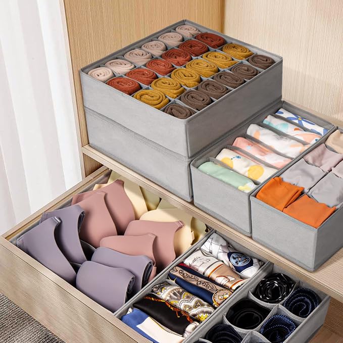 6 Pack Sock Underwear Drawer Organizer Dividers, 58 Cell Foldable Fabric Dresser Closet Organizers and Storage Bins for Clothing, Baby Clothes, Bra, Panty, Scarf, Ties (Grey) - Image 6