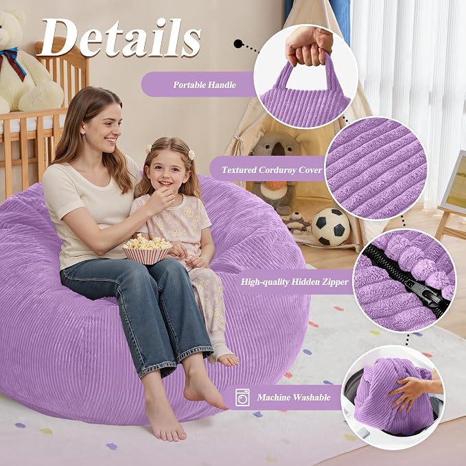 5FT Bean Bag Chair for Adults,Gaint Teardrop Beanbag with Filler | Beanbag Chair with Memory Foam Filled,Bean Bags with Handy Handle&Machine Washable Cover for Living Room,Bedroom-Purple - Image 5