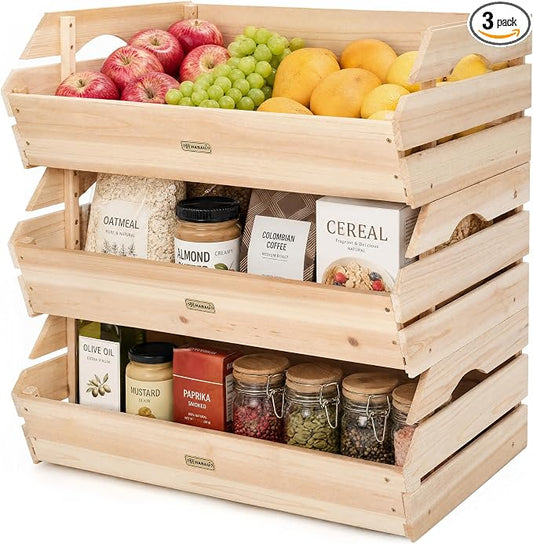 HABAU Stackable Wooden Storage Crates, Rustic Farmhouse Wood Bins with Handles, Decorative Home Organizer for Produce, Potatoes, Onions, Snacks, 3 Pack by HABAU
