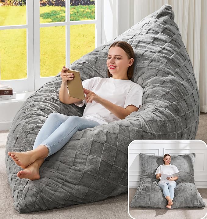 Hobestluk Adult Bean Bag Chair 3 in 1 Convertible Large Bean Bag Sofa | Plaid Grey,Machine Washable,Removable Cover,Easy Convert And Install,Floor Bed,For Livingroom Bedroom by YourHomeDeservesMore