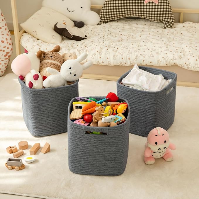OIAHOMY Storage Cubes 11 Inch Storage Bins-3 Pack, Cotton Rope Woven Baskets for Organizing, Square Baskets for Shelves Organizer, Classroom, Toy Basket, DarK Grey - Image 2