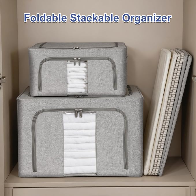 3 Pack Clothes Storage Bins with Metal Frame,Foldable Storage Bin with Lid for Clothes,Stackable Cotton Linen Fabric Organizer Set with Carrying Handles and Clear Window(Grey, 66L) - Image 8