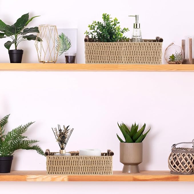 Boao 3 Pcs Boho Storage Wicker Baskets Handmade Woven Decorative Paper Rope Baskets for Organizing with Handle Countertop Toilet Paper Storage Container for Toilet Tank Top(Camel,Rectangle) - Image 6