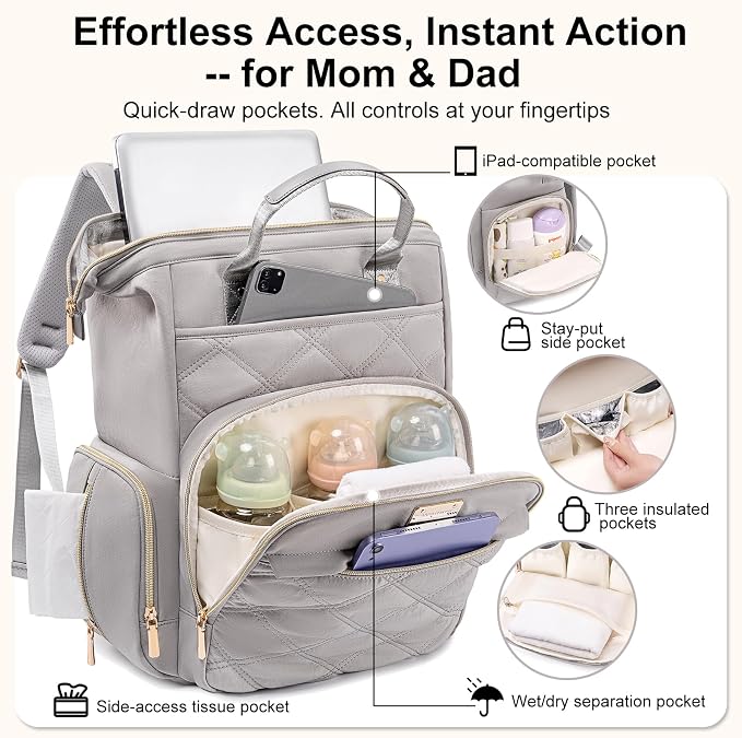 Diaper Bag Backpack Travel Diaper Backpack, Large Baby Diaper Bag with Changing Pad Baby Bag for Boys Girls, Insulated Pockets, Waterproof Baby Backpack for Mom & Maternity (Gray) - Image 2