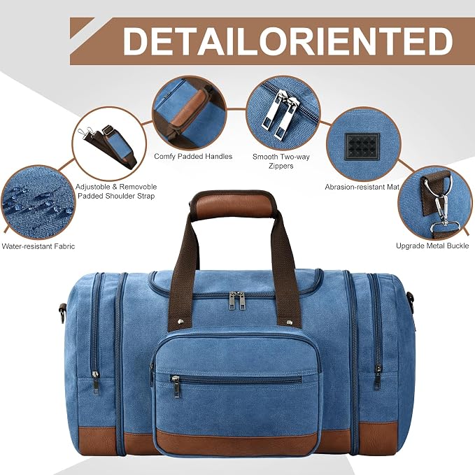Litvyak 50L Canvas Duffle Bag for Travel Weekender Gym Overnight Carry-on | Expandable, Eco Certified, Leather Accents, Toiletry Bag Inclued, Travel Duffel Weekend Luggage Bag for Women Men, Blue - Image 5