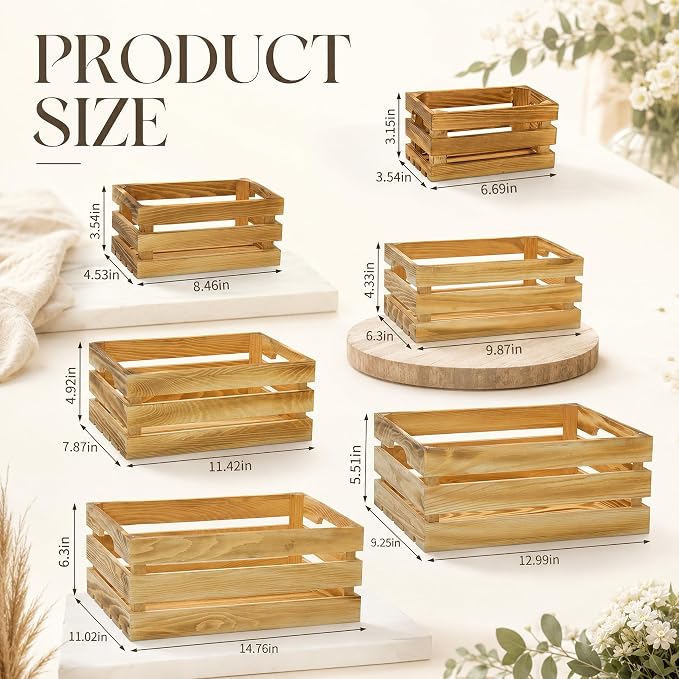 Wooden Crates for Display 6 Pack Nesting Crates for Weddings and Decor | Six Nesting Pine Crates with Cutout Handles for Wedding Displays, Farmhouse Decor, Storage, Farmers Markets, and DIY - Image 5