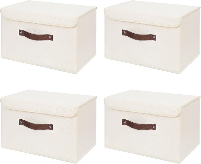 ANMINY Fabric Storage Box Bins with Lids, Beige, 13"x9"x7.9", 4 Pack | Keepsake Memory Storage, Cotton Linen, PP Board Reinforced, Washable, PU Handles, Foldable & Stackable, Decorative, Medium by ANMINY
