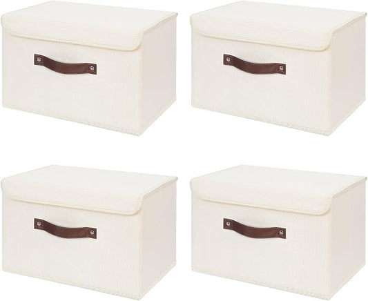 ANMINY Fabric Storage Box Bins with Lids, Beige, 15"x10"x10", 4 Pack | Keepsake Memory Storage, Cotton Linen, PP Board Reinforced, Washable, PU Handles, Foldable & Stackable, Decorative, Large by ANMINY
