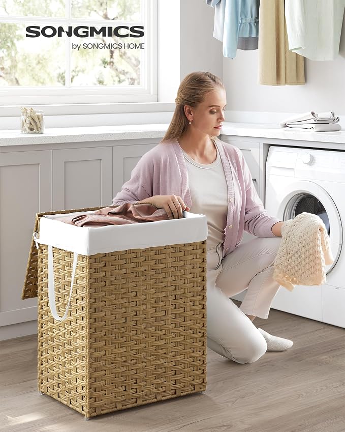 SONGMICS Laundry Hamper with Lid, 23.8 Gallon (90 L) Synthetic Rattan Clothes Laundry Basket with Lid and Handles, Foldable, Removable Liner, Goose Yellow ULCB51NL - Image 2