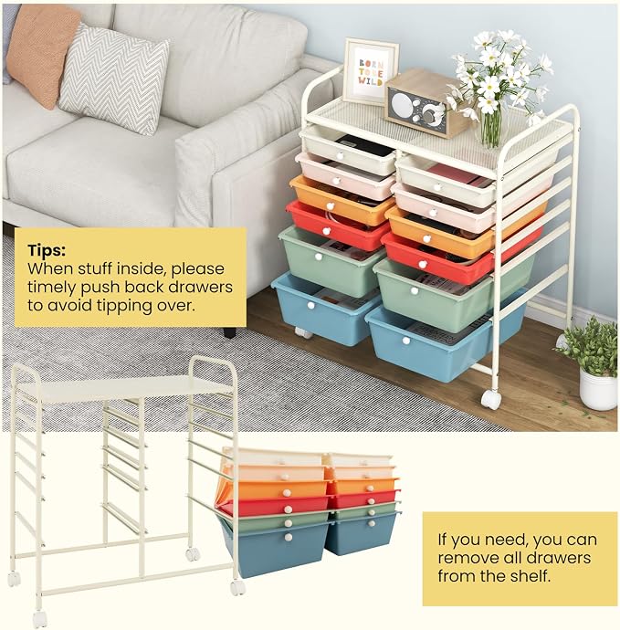 Giantex 12 Drawer Rolling Storage Cart Tools Scrapbook Paper Office School Organizer (Macaron) - Image 6