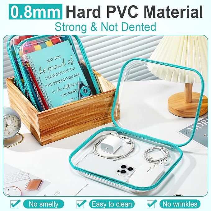Sanwuta 6 Clear Hard Zipper Case,Teal,9.84 X 7.87 X 2 Inch | Pencil Case Pouches ,Makeup Bag,Plastic Toiletry Diaper Bag ,Travel Toy Storage,Waterproof Organizer Bins - Image 4
