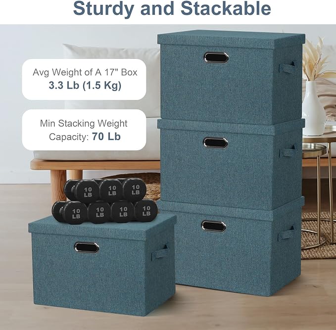 Storage Bins with Lids Fabric Closet Organizers Cubes Office Organization | 36 Quart 3 Pack Blue-Green Collapsible Stackable Linen Fabric 4 Handles Bedroom Closet Cabinet Under Bed Clothes Toy Office - Image 3
