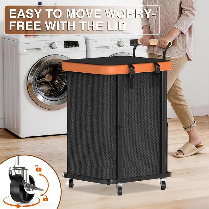 Laundry Hamper with Lid,Leather Patchwork Laundry Basket with Wheels 40Gal | Rolling Laundry Basket with Bag & Handles,Laundry Basket Organizer for Laundry Room,and Bathroom,Laundry Room - Black - Image 3