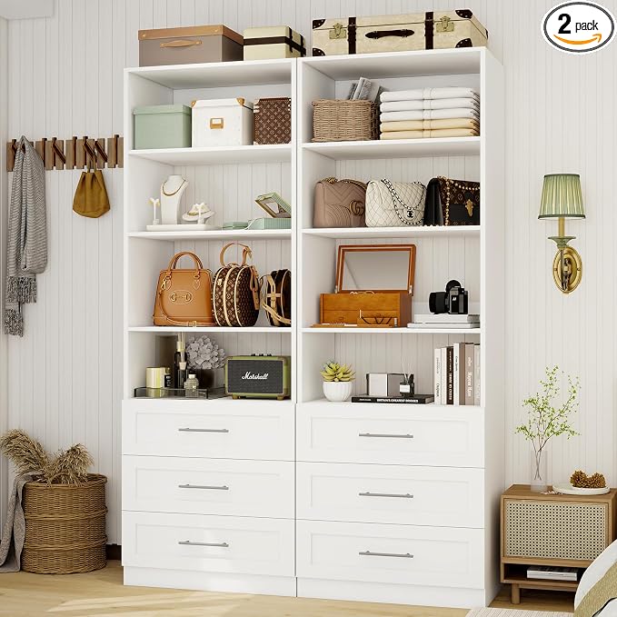 Closet System with 6 Drawers & 8 Shelves, Wood Closet Organizer System with 2 Extra Hanging Rod for Walk in Closet, Modular Closet Organizer System White(4FT) by STILAR