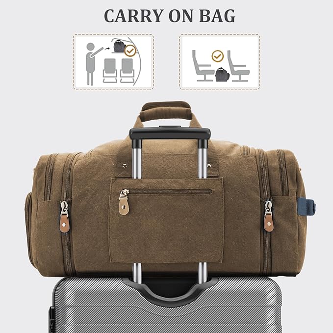 Gonex Canvas Duffle Bag, Expandable 60L Travel Overnight Weekender Bag | for Men, with Shoe Compartment, Multiple Pockets, Tear-Resistant, Durable Zippers, Detachable Strap, Coffee - Image 7