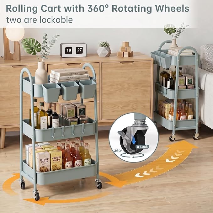 danpinera 3-Tier Rolling Cart, Utility Cart Mobile Metal Rolling Storage Cart with Lockable Wheels & Hanging Cups & Hooks for Kitchen, Bathroom, Office, Workshop, Gray Blue - Image 3