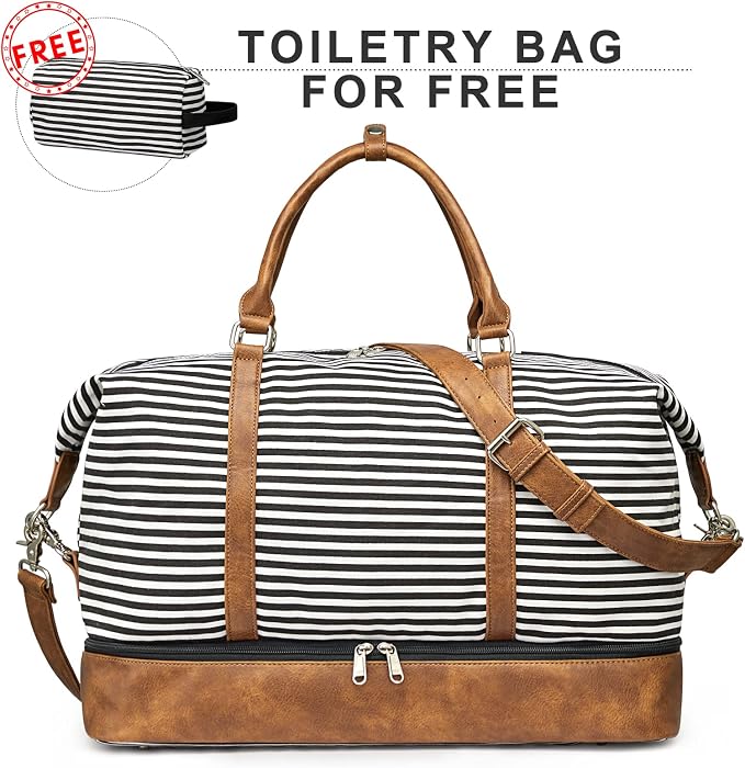S-ZONE Weekender Bags for Women and Men Travel Duffel Bags with Shoe Compartment Overnight Carry on Duffle Tote Bag | Soft Canvas and Leather Trim, with Toiletries Bag,Carry-on Size,Trolley Sleeve,Adjustable Shoulder Strap,Shoe Compartment - Image 2