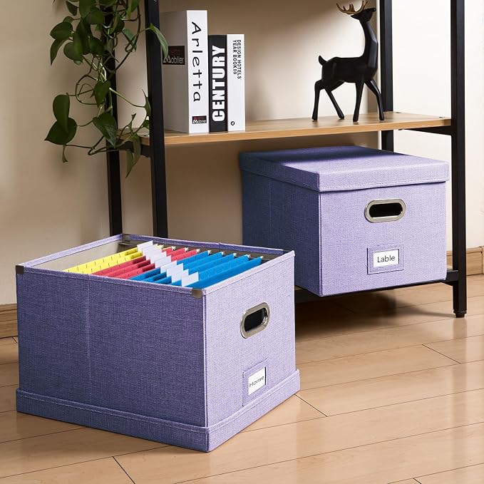 File Organizer Box - Set of 1 Collapsible Decorative Linen Filing Storage Hanging File Folders with Lids Office Cabinet Letter/Legal Purple (17x14x11.2 inch) - Image 3