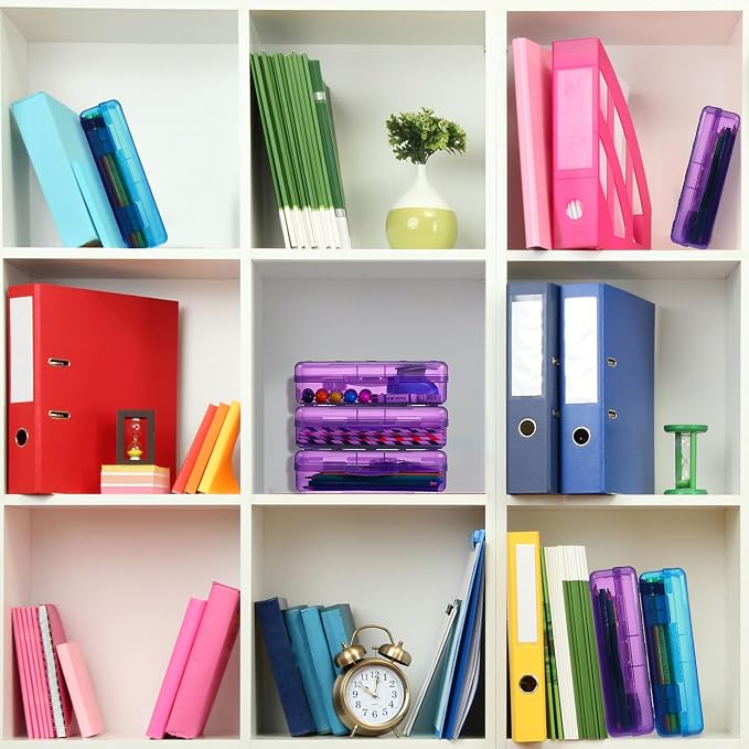 Fainne 24 Pack Clear Plastic Pencil Box,Blue, Purple | Stackable Organizer for School Supplies, Large Case for Crayons Markers, Snap-lid Keeps Stationery Secure, Bulk Set - Image 5