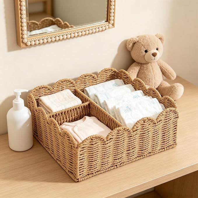 Rattan Divided Scalloped Basket,Wicker Diaper Caddy Scalloped Baske,Woven Natural Basket with 4 Dividers,Suitable for Baby Rooms, Bathrooms, Bedrooms (Paper Rope) by Unknown