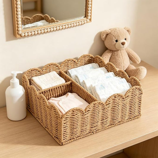 Rattan Divided Scalloped Basket,Wicker Diaper Caddy Scalloped Baske,Woven Natural Basket with 4 Dividers,Suitable for Baby Rooms, Bathrooms, Bedrooms (Paper Rope) by Unknown
