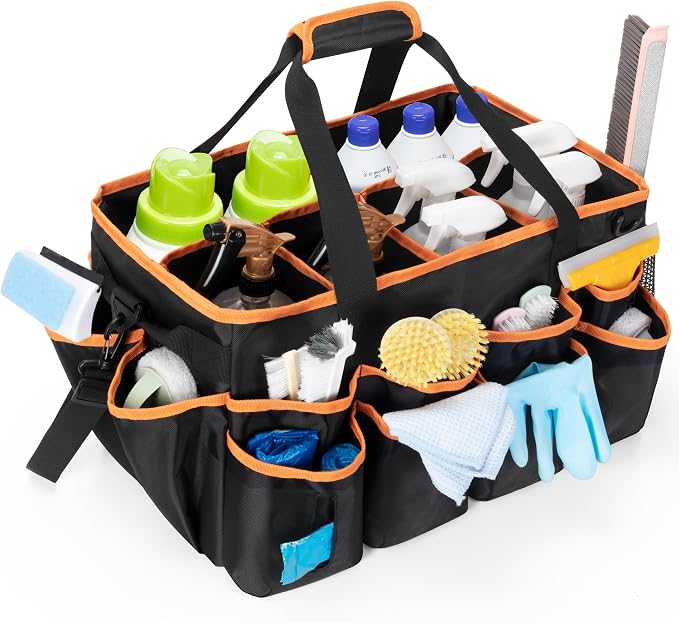 HODRANT Extra-large Wearable Cleaning Caddy with Pad, Handle & Divider | Cleaning Organizer Bag for Clean Products, Housekeeper Tote Car Wash Tools Bag for Detailing Supplies, Bag Only, Orange Edge by HODRANT