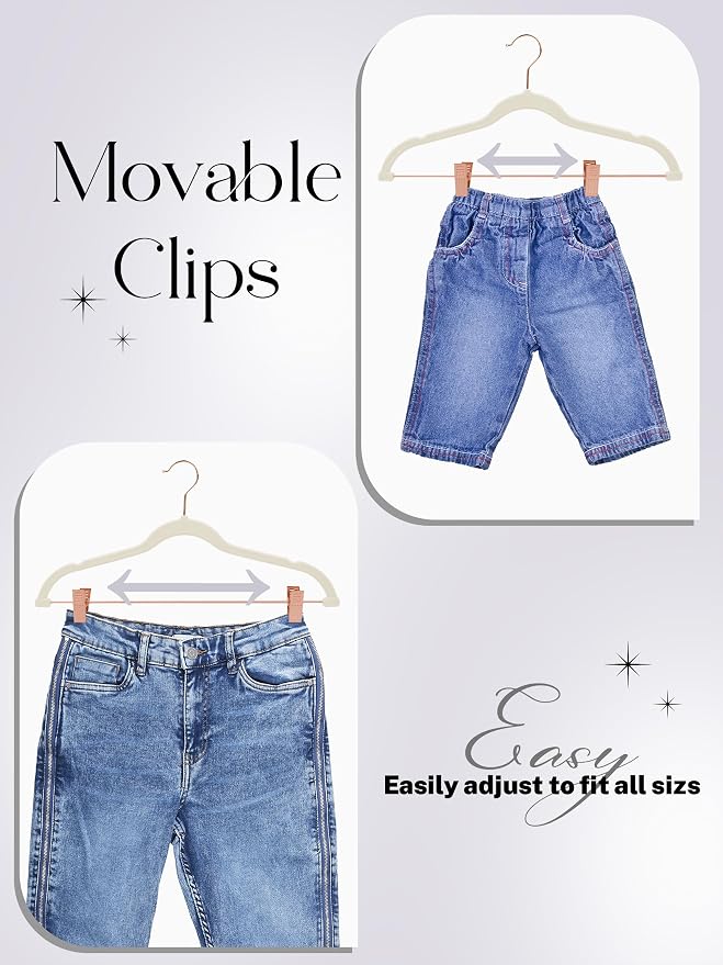 HOUSE DAY Pants Hangers with Clips 24 Pack, with Rose Gold Hook and Clips | Ivory | Non Slip Velvet Flocked | 0.2" Thin | Swivel Hook | Space Saving | Rubber Padded Clip| For Pants, Skirt, Shorts, Coat - Image 4