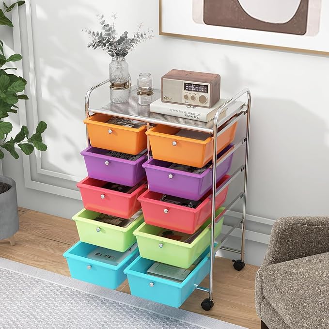 10 Drawer Rolling Cart, Storage Cart Organizer on Wheels, Drawer Cart with Metal Frame & Large Storage Capacity, Rolling Cart with Drawers for Living Room Classroom, Office - Image 2