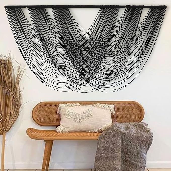 Flber Macrame Wall Hanging Black 59.00" W x 31.00" L Boho Wall Decor Large Boho Yarn Tapestry Living Room Bedroom Home Wall Décor | Black Neutral Style, for Living Room Bedroom Headboard Accent, Handwoven Yarn Texture, Large Boho Wall Art by FLBER